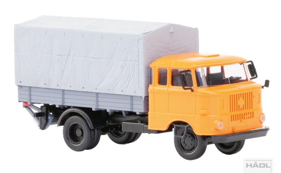 IFA W50L előretolt kabin, fa platform, ponyva, emelőhátfal, pasztello narancs