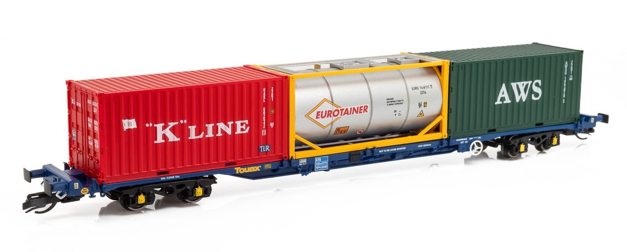 Hornby Containertragwagen mit drei 20' Containern, Touax KFA, Ep.VI