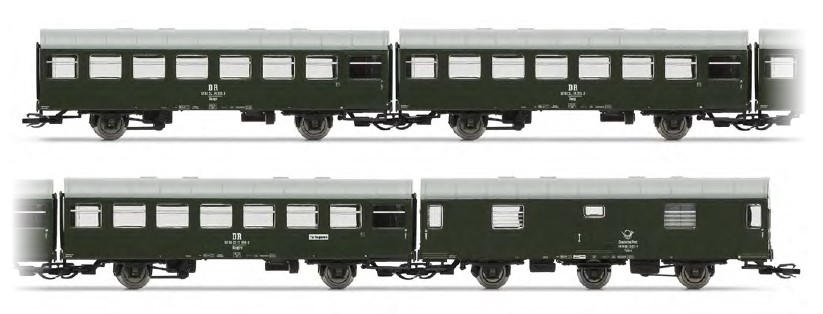 4er Set, 3 Rekowagen und Postwagen, DR, Ep.IV